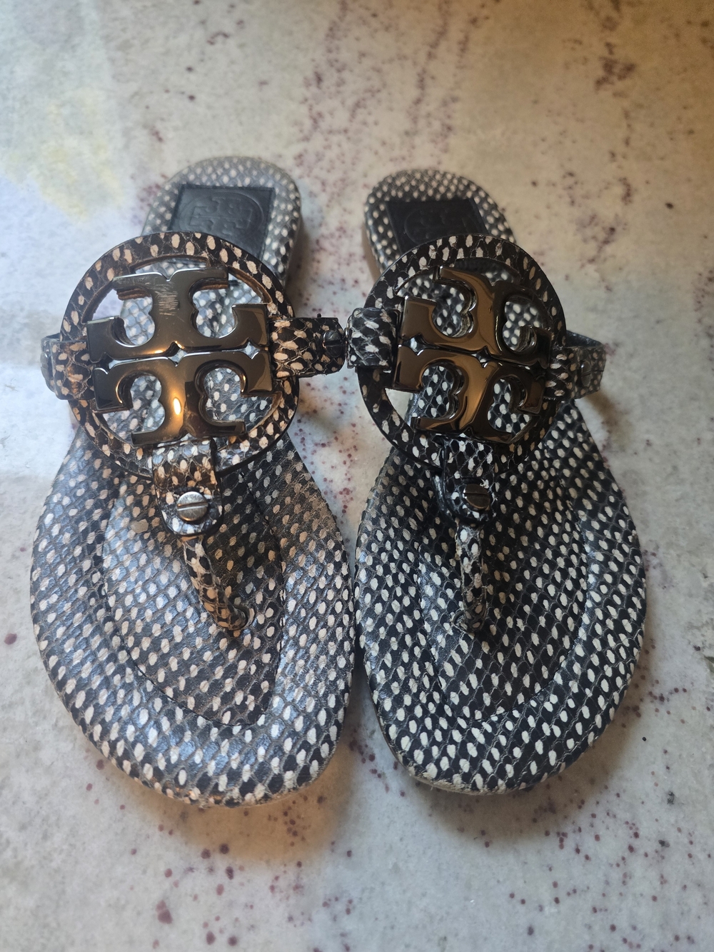 Tory Burch Black & White Snakeskin-Print Miller Thong Sandals